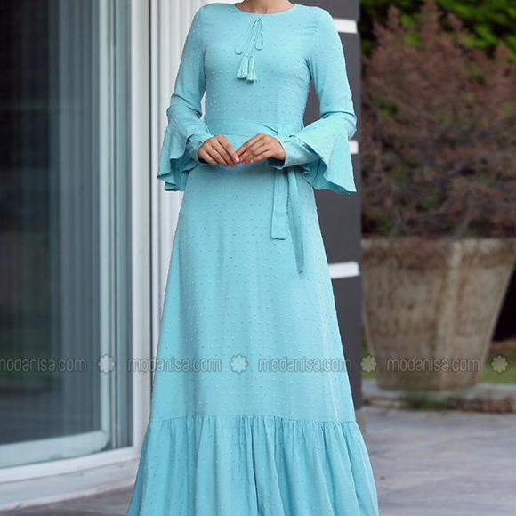 BEAUTIFUL Full length, long sleeve blue Dress - Picture 1 of 2